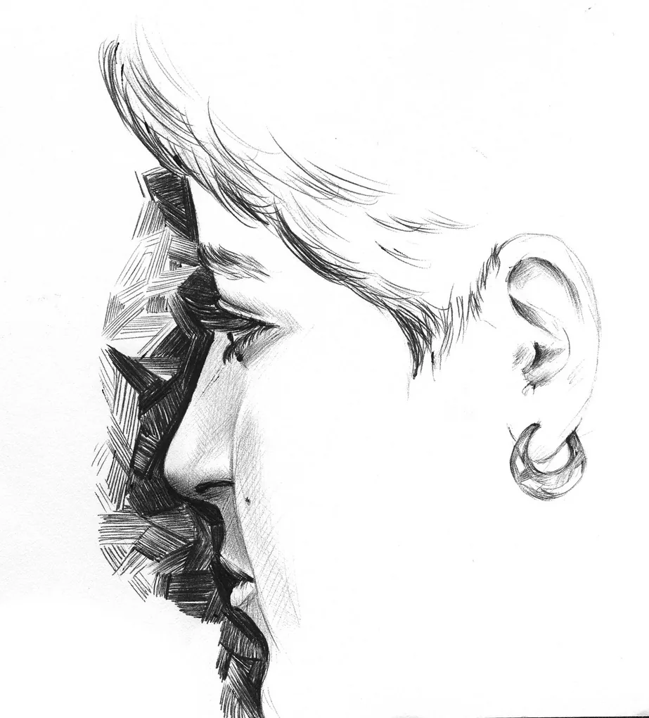 Ilustración del perfil de un rostro sereno cuyo contorno se fragmenta en formas geométricas