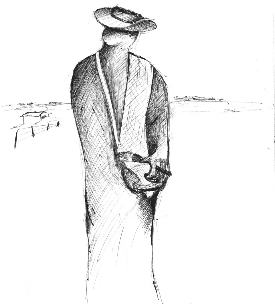 Ilustración de una figura solitaria de pie en un campo abierto, de espaldas, frente al horizonte