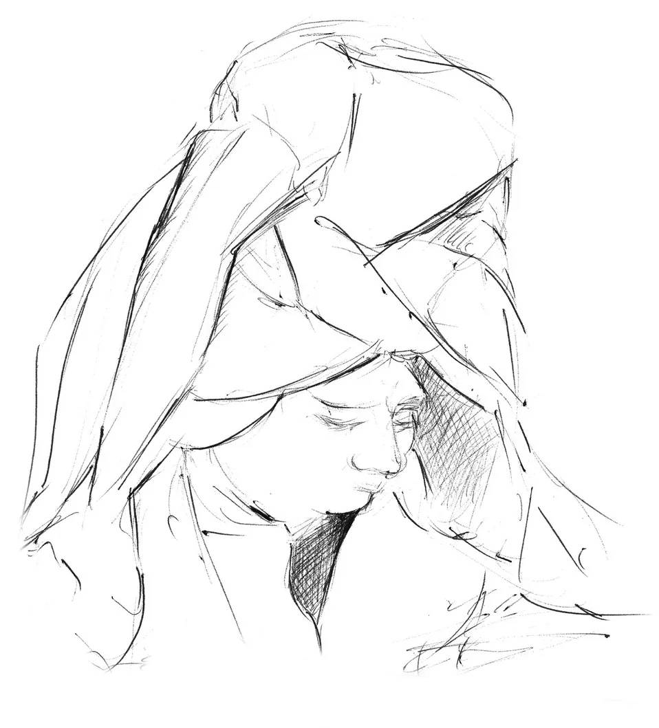 Ilustración a grafito de una mujer con la cabeza inclinada y los ojos cerrados, envuelta en un manto